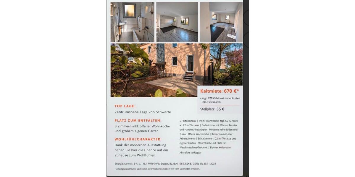 Hochparterre Schwerte - 3 Zimmer, 59 m&sup2;, 670&euro; | Angebot:25936548