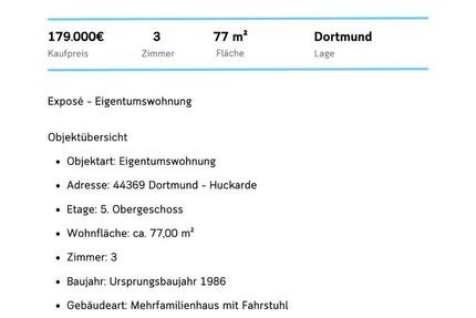 Wohnung Dortmund Huckarde - 3 Zimmer, 77 m&sup2;, 165.000&euro; | Angebot:24767735